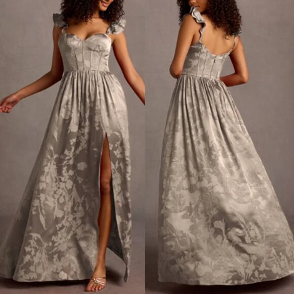 Azazie Plus Size Sweatheart Neckline Maxi Dress Jacquard Jianna Formal Platinum - Picture 1 of 7